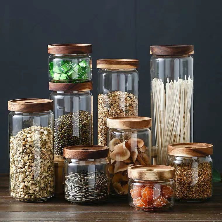 Hot Sale Clear Borosilicate Glass Storage Bottles With bamboo Lid Personalised Food Nuts Glass Jars Containers for food storage
