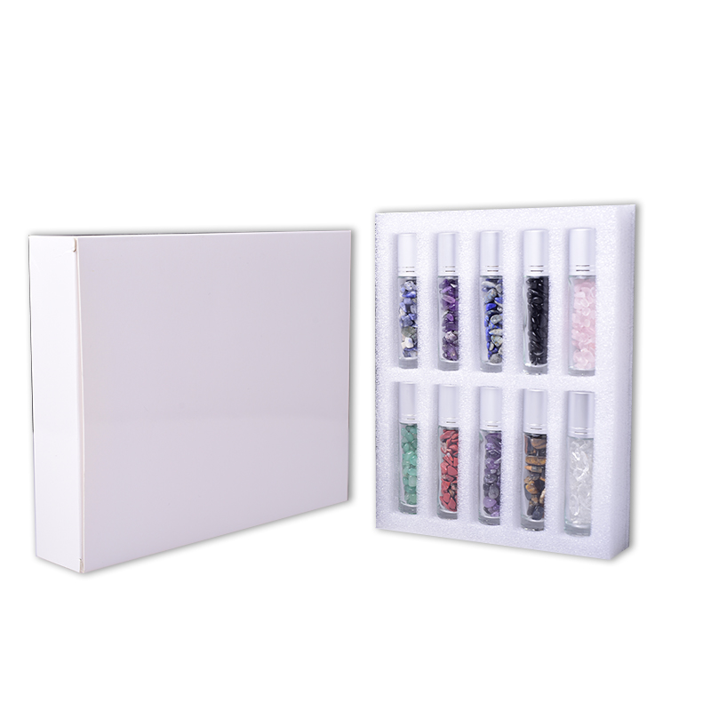 Hot Sale Clear Glass Assorted Natural Crystal Gemstone Roller Bottles For Essential Oil with box