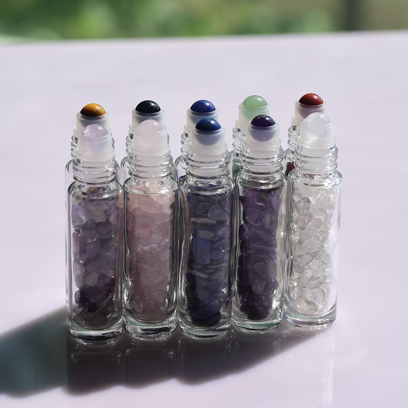 Hot Sale Clear Glass Assorted Natural Crystal Gemstone Roller Bottles For Essential Oil with box
