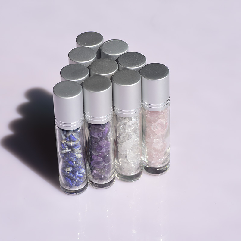 Hot Sale Clear Glass Assorted Natural Crystal Gemstone Roller Bottles For Essential Oil with box