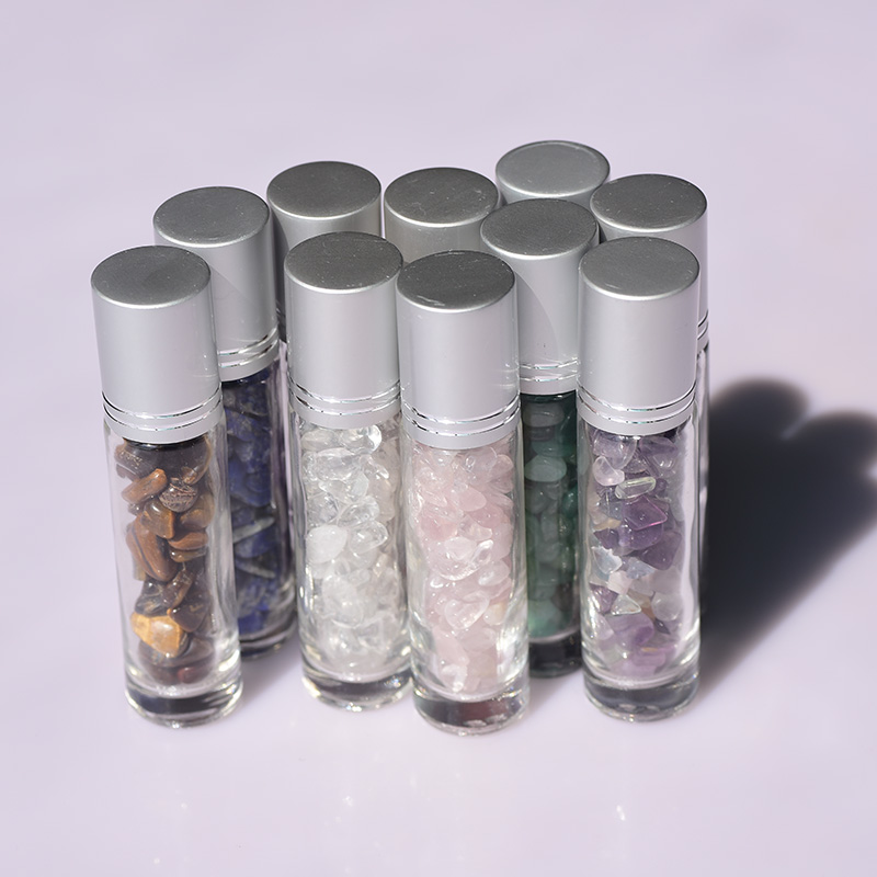 Hot Sale Clear Glass Assorted Natural Crystal Gemstone Roller Bottles For Essential Oil with box
