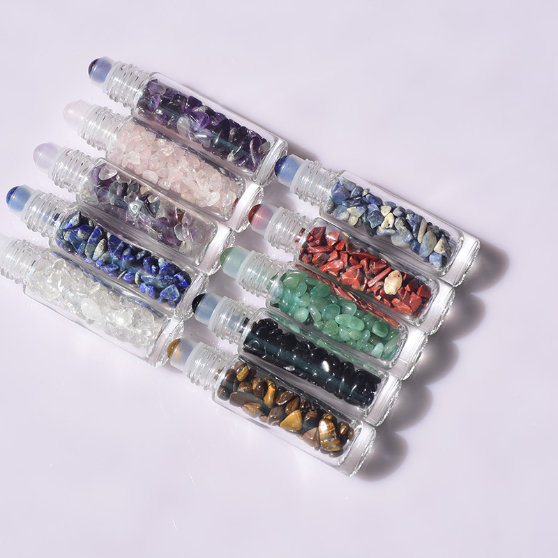 Hot Sale Clear Glass Assorted Natural Crystal Gemstone Roller Bottles For Essential Oil with box