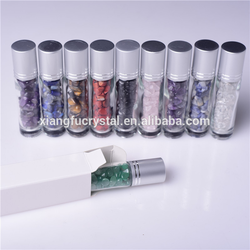 Hot Sale Clear Glass Assorted Natural Crystal Gemstone Roller Bottles For Essential Oil with box