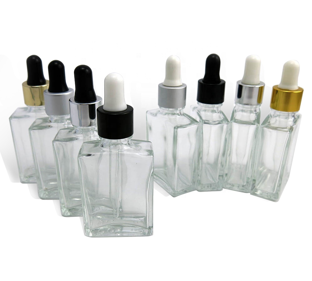 Hot Sale Clear Glass Dropper Bottle Square Cosmetic Essential Oil Glass Dropper Bottle 30ml