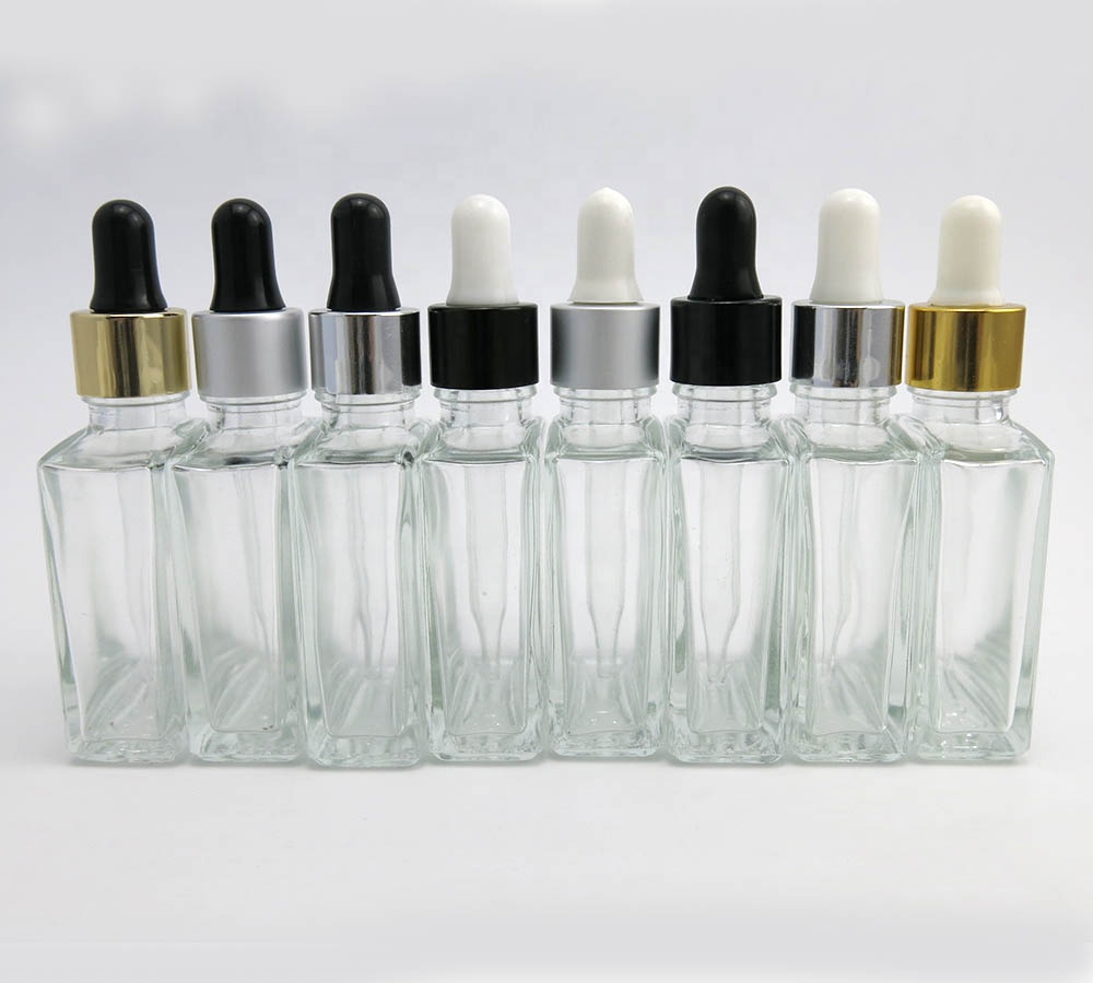 Hot Sale Clear Glass Dropper Bottle Square Cosmetic Essential Oil Glass Dropper Bottle 30ml