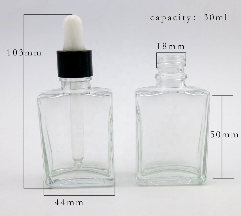 Hot Sale Clear Glass Dropper Bottle Square Cosmetic Essential Oil Glass Dropper Bottle 30ml