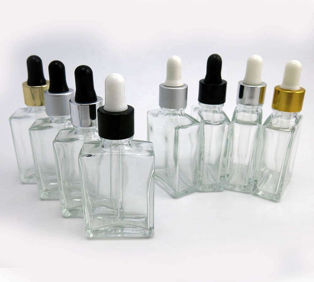 Hot Sale Clear Glass Dropper Bottle Square Cosmetic Essential Oil Glass Dropper Bottle 30ml