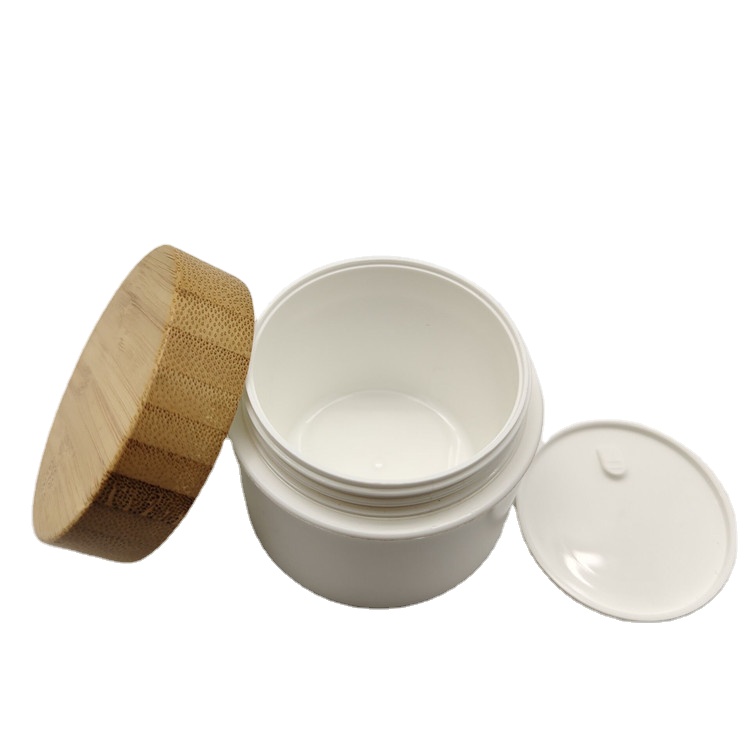 Hot Sale Eco Friendly Empty Double Wall White Plastic Jar Wooden Bamboo Lid Cap Cosmetic Jar Plastic Container