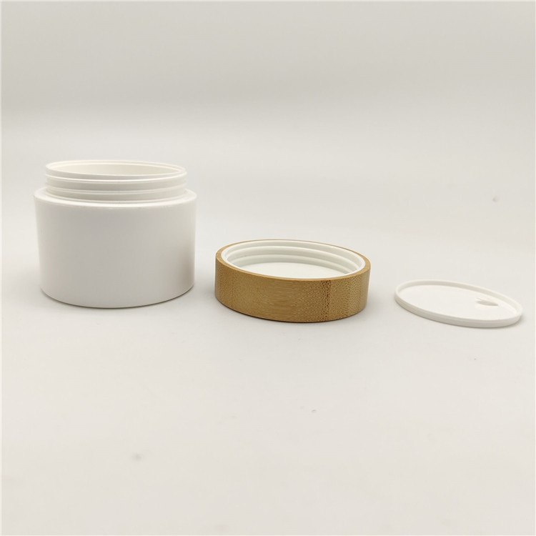 Hot Sale Eco Friendly Empty Double Wall White Plastic Jar Wooden Bamboo Lid Cap Cosmetic Jar Plastic Container
