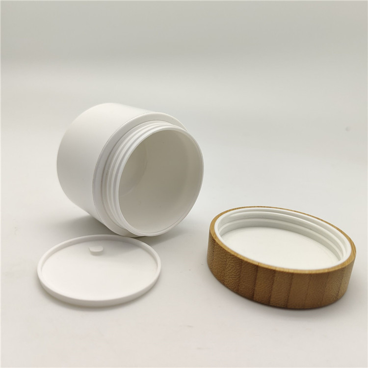 Hot Sale Eco Friendly Empty Double Wall White Plastic Jar Wooden Bamboo Lid Cap Cosmetic Jar Plastic Container