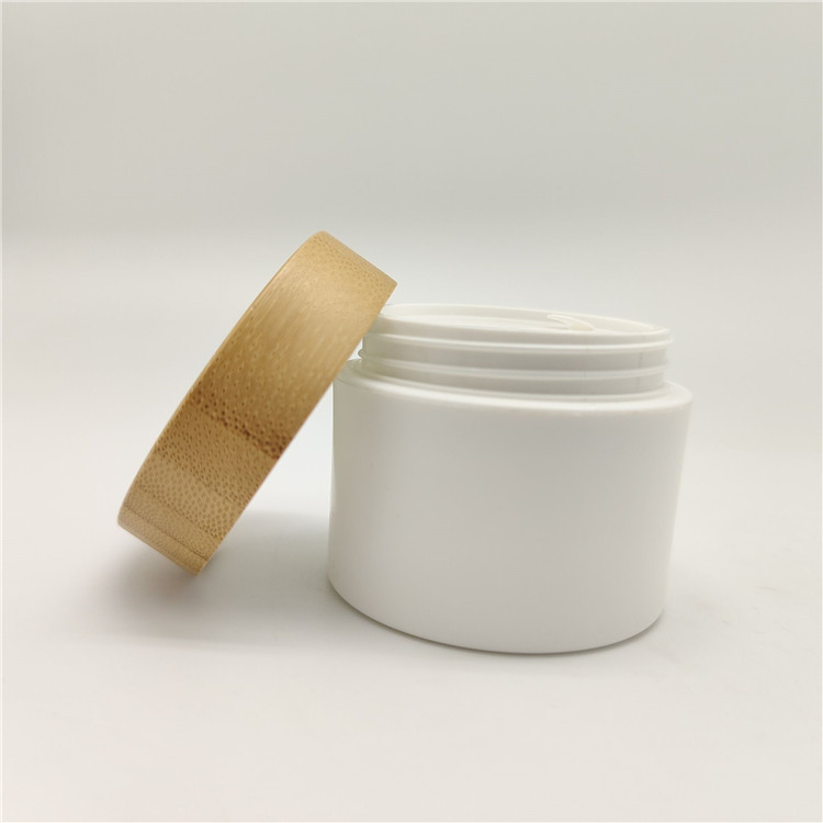 Hot Sale Eco Friendly Empty Double Wall White Plastic Jar Wooden Bamboo Lid Cap Cosmetic Jar Plastic Container