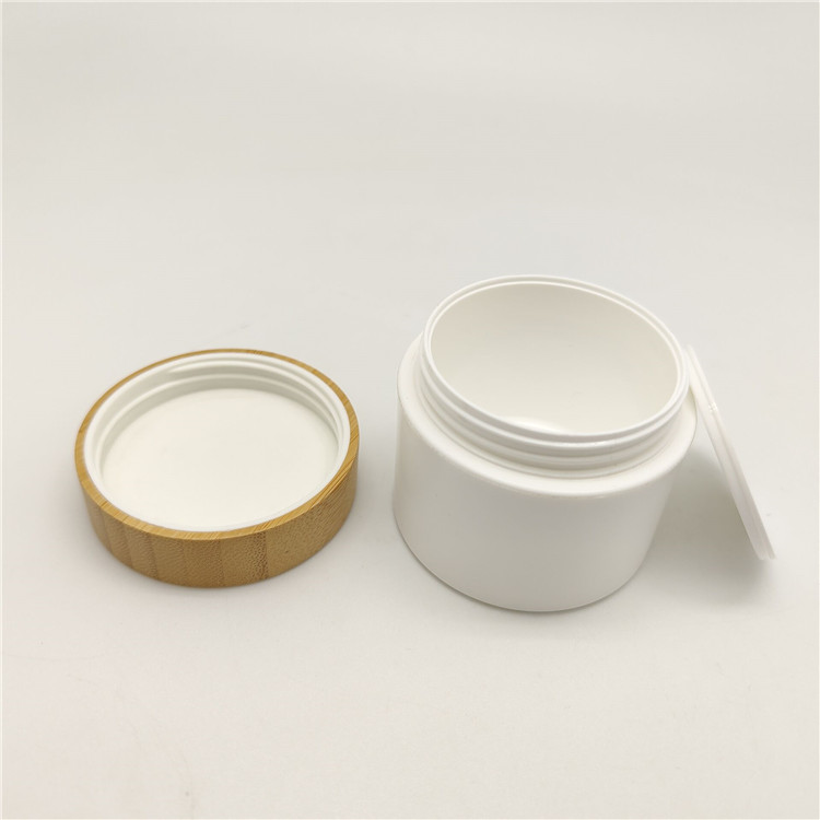 Hot Sale Eco Friendly Empty Double Wall White Plastic Jar Wooden Bamboo Lid Cap Cosmetic Jar Plastic Container