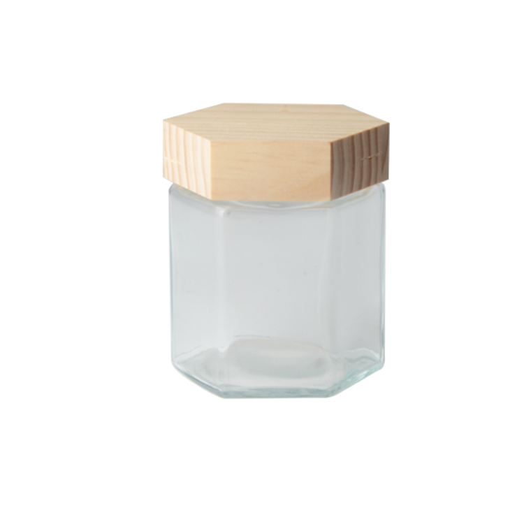 Hot Sale Eco friendly Empty 380ml Hexagon Honey Glass Jar with Wooden Lids