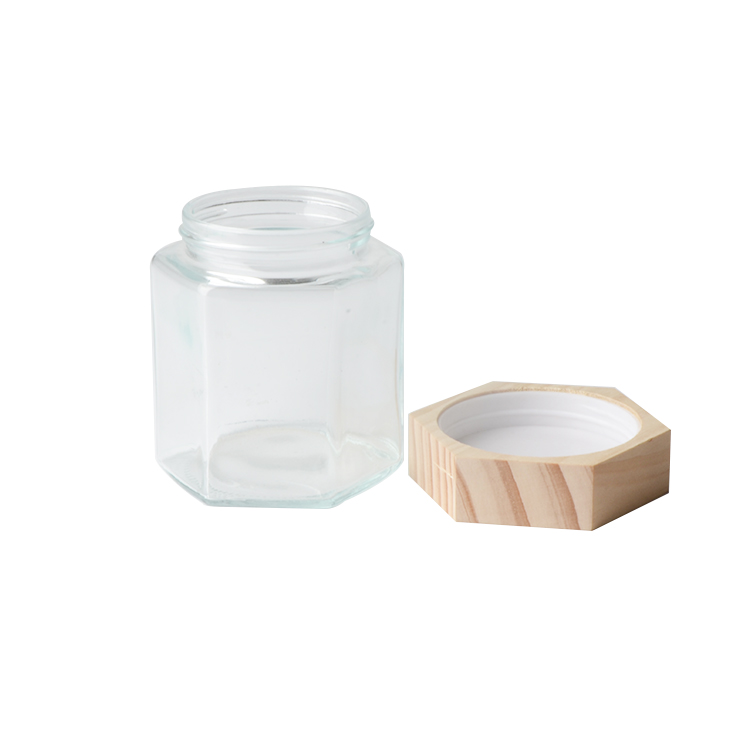 Hot Sale Eco friendly Empty 380ml Hexagon Honey Glass Jar with Wooden Lids