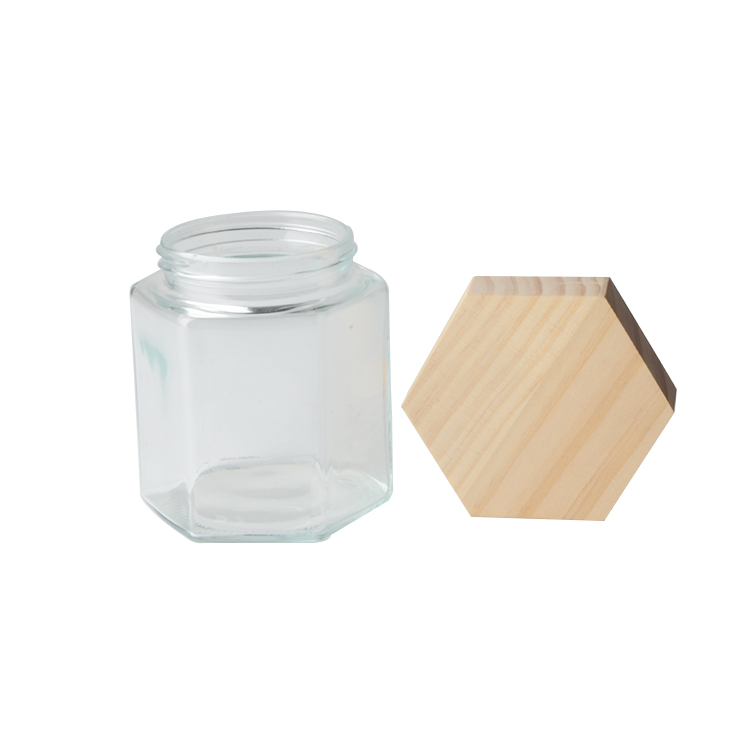 Hot Sale Eco friendly Empty 380ml Hexagon Honey Glass Jar with Wooden Lids