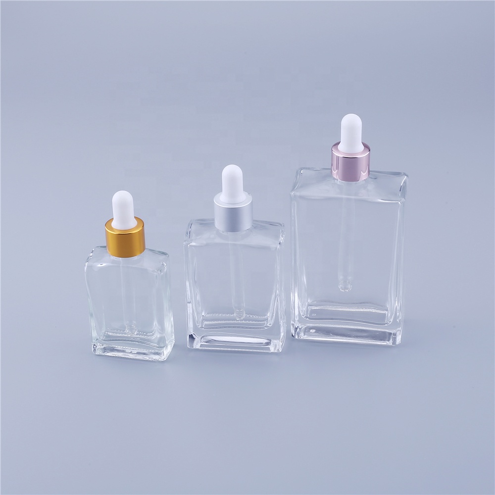 Hot Sale Essential Oil Cosmetic Package Clear Glass Dropper Square Bottle 50ml In Stocks