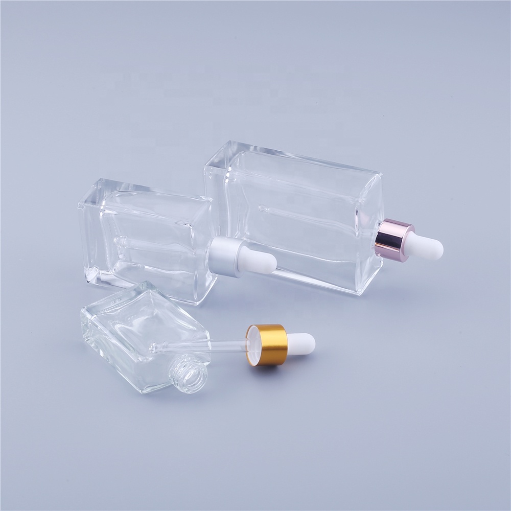 Hot Sale Essential Oil Cosmetic Package Clear Glass Dropper Square Bottle 50ml In Stocks