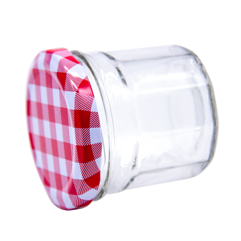 Hot Sale Glass Honey Jar with Red Check Metal Cap