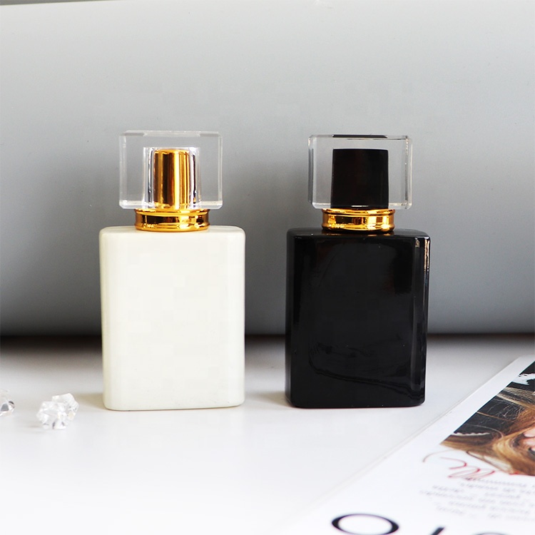 Hot Sale Hand Polished Glass Refillable Square White Black Perfume Bottle 50ml