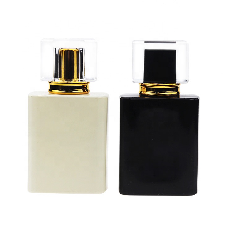 Hot Sale Hand Polished Glass Refillable Square White Black Perfume Bottle 50ml