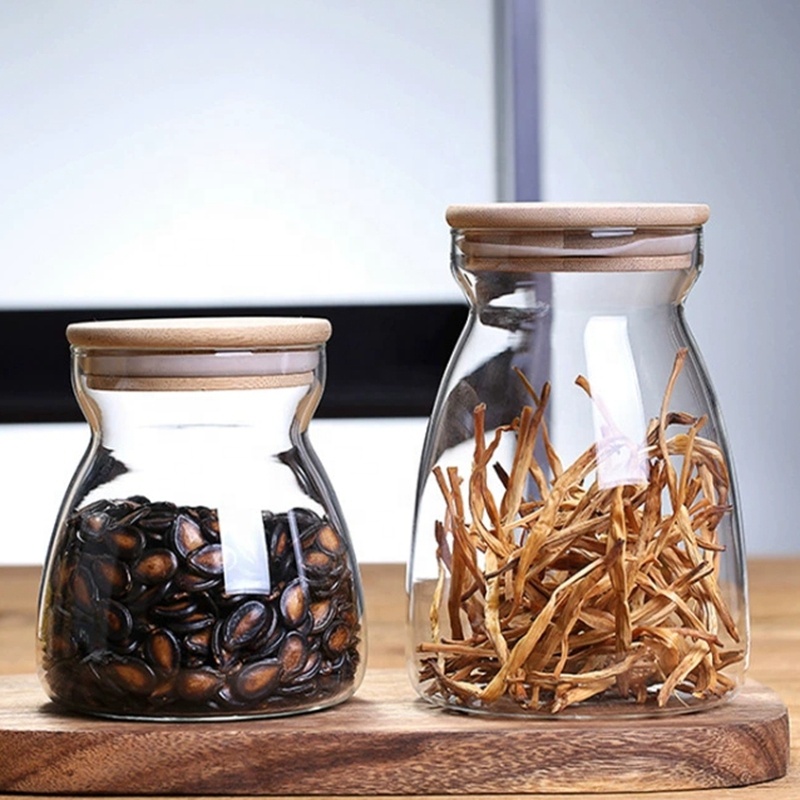 Hot Sale Handmade Spice Cereal Glass Jar With Airtight Bamboo Lid Kitchen Storage Container