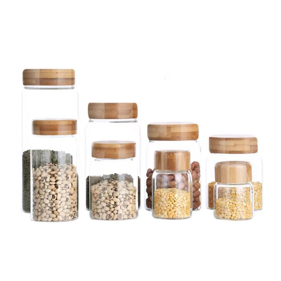 Hot Sale Household Kitchen Storage Glass Jar Spice Tea Nut Container With Bamboo Lid
