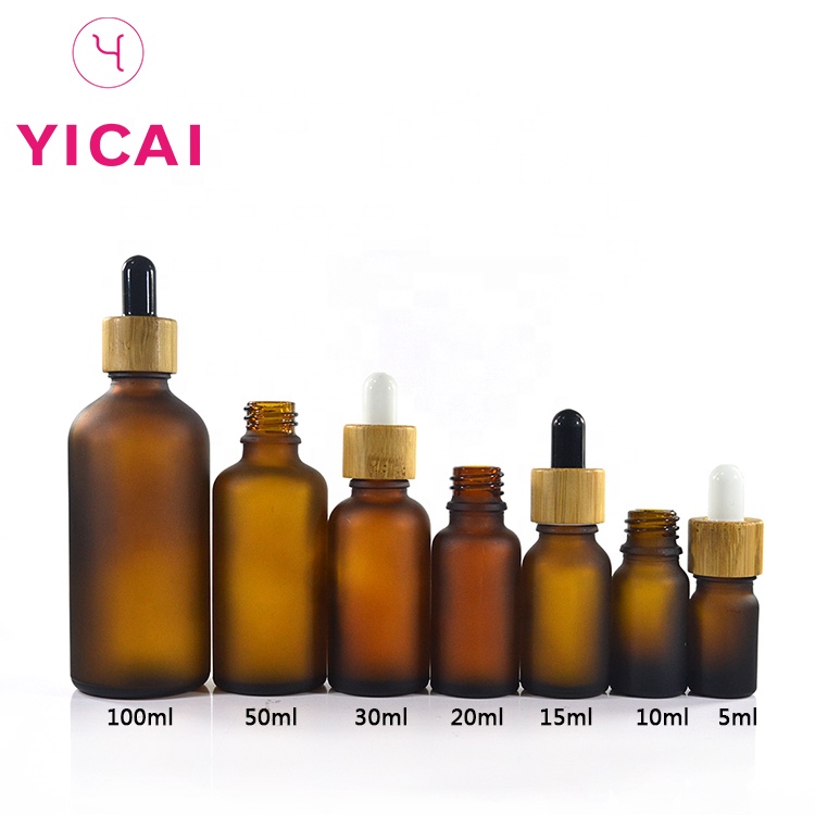 Hot Sale Low Moq 5ml 10ml 15ml 20ml 30ml 50ml 60ml 100ml 120ml Bamboo Frosted Glass Essential Oil Dropper Bottle With Bamboo Cap