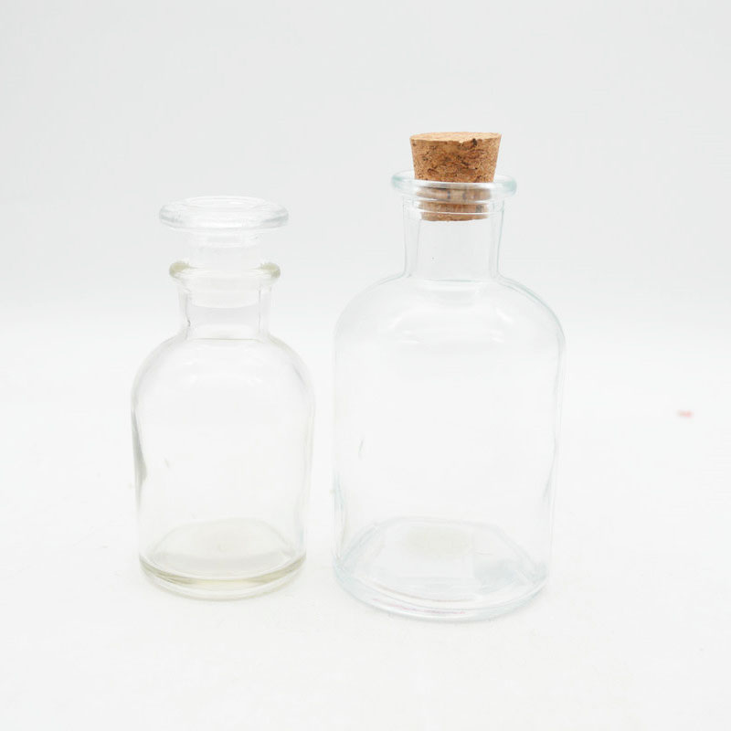 Hot Sale Round Clear Apothecary Bottle  Reagent Glass Bottle 60ml 125ml With Cork Lids