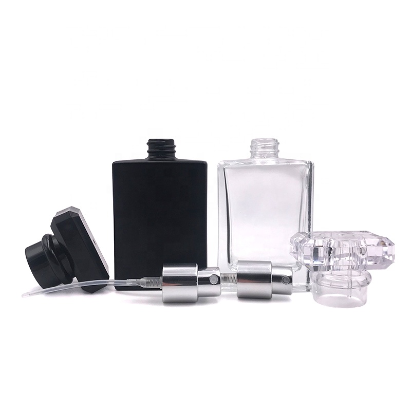 Hot Sale Square Rectangle Empty matte black 1oz 30ml Clear Perfume Glass Bottle with Square Crystal Cap
