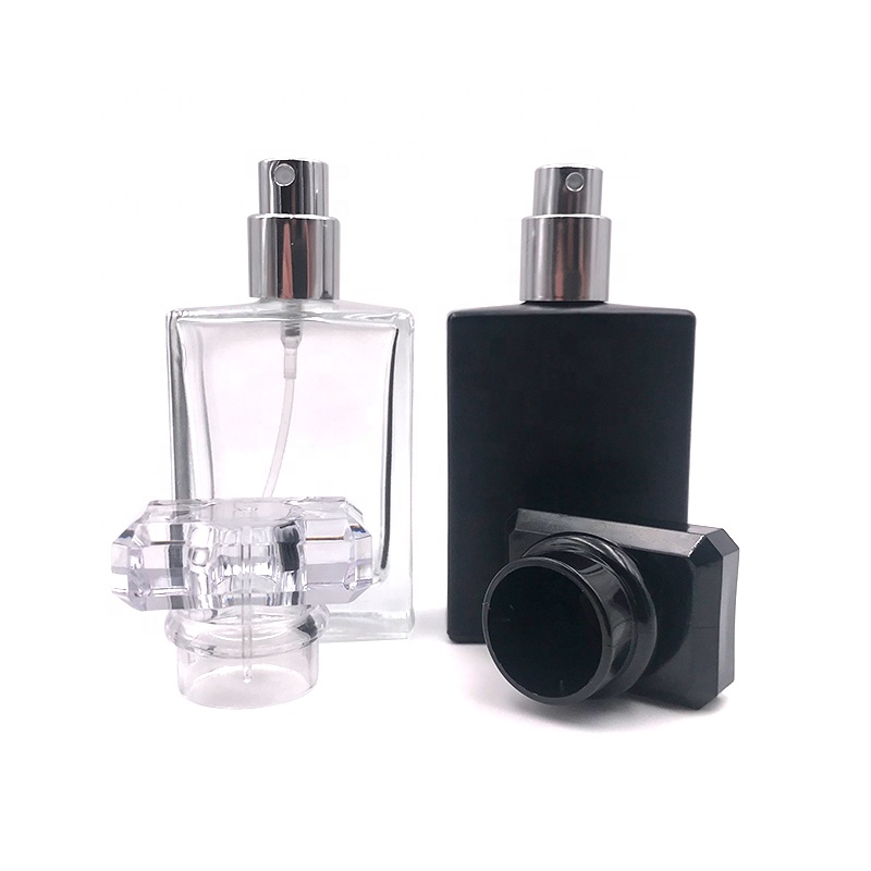 Hot Sale Square Rectangle Empty matte black 1oz 30ml Clear Perfume Glass Bottle with Square Crystal Cap