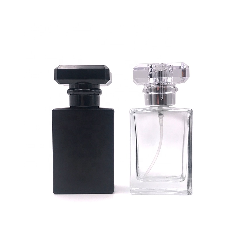 Hot Sale Square Rectangle Empty matte black 1oz 30ml Clear Perfume Glass Bottle with Square Crystal Cap