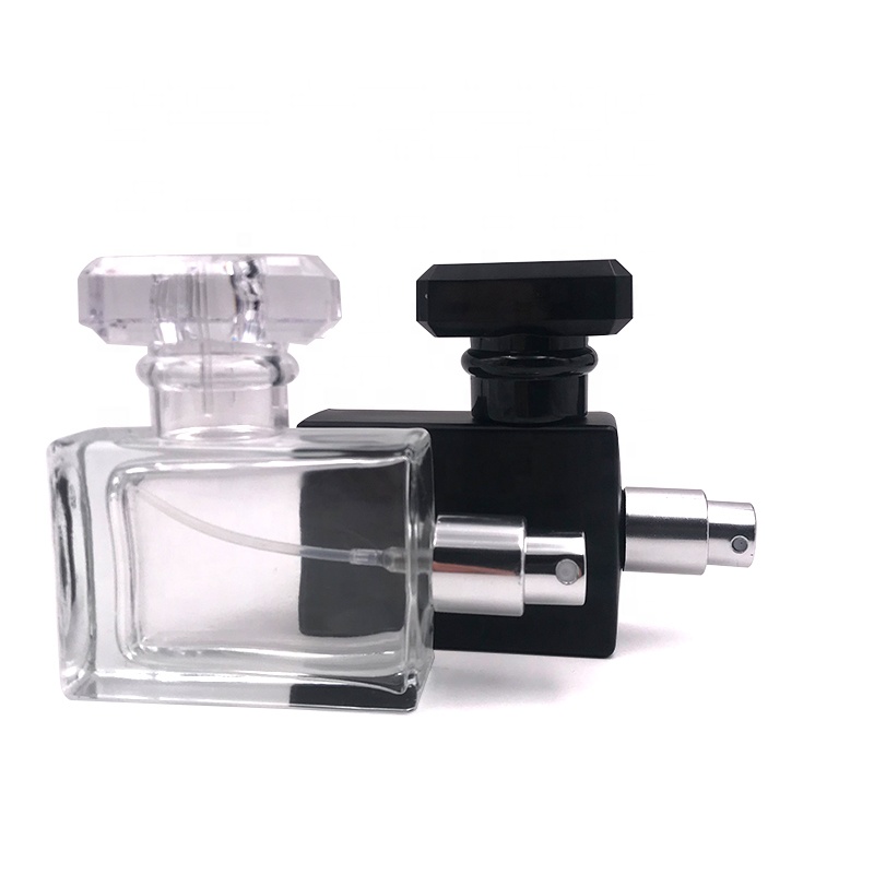 Hot Sale Square Rectangle Empty matte black 1oz 30ml Clear Perfume Glass Bottle with Square Crystal Cap