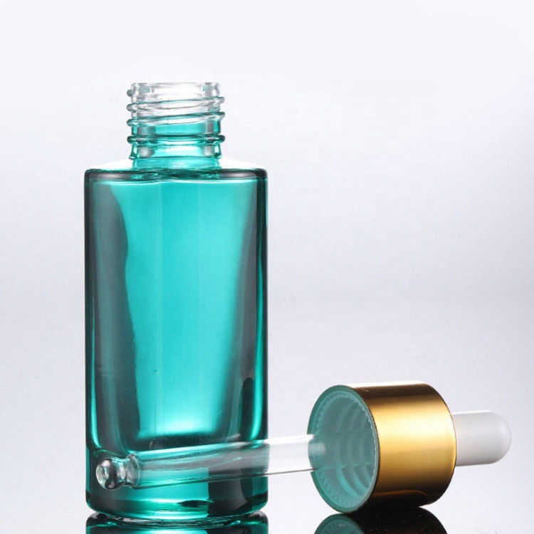 Hot Sale Turquoise Blue Flat Shoulder 30ml 50ml Dropper Glass Bottle