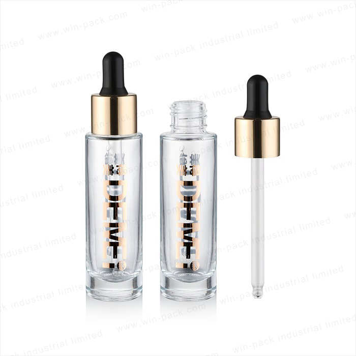 Hot Sale Winpack Simple Design Transparent Glass Bottle with Gold Aluminum Dropper 30ml 50ml