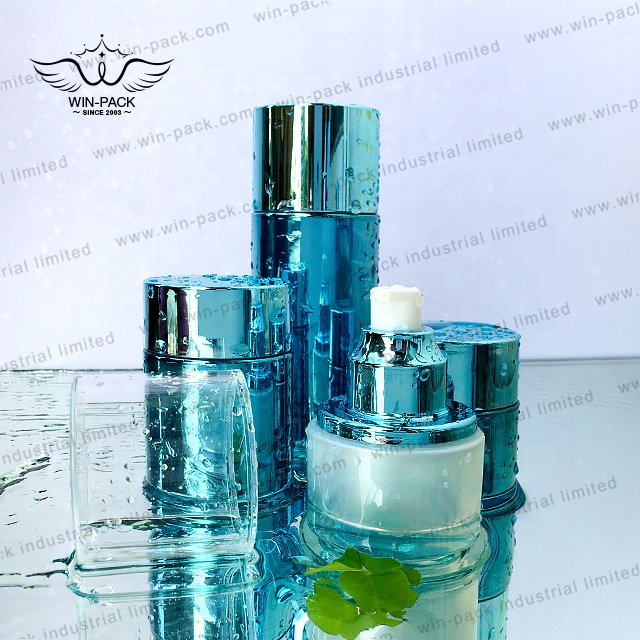 Hot Sale glass lotion packing bottle aluminum cap transparent blue color of bottle and jar in 40ml 130ml with high quality