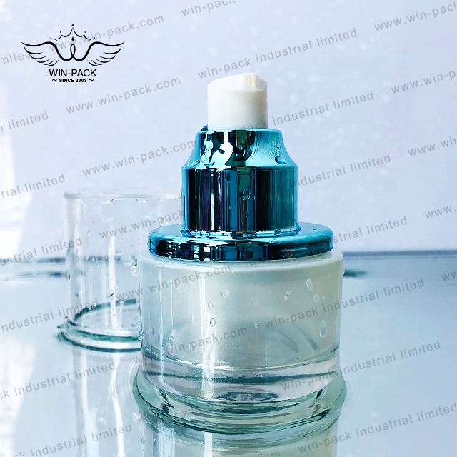 Hot Sale glass lotion packing bottle aluminum cap transparent blue color of bottle and jar in 40ml 130ml with high quality