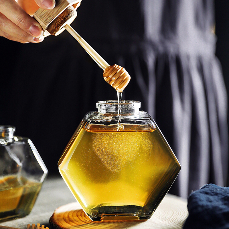 Hot Sales 220ml 380ml Hexagonal Honey Glass Jar with a Wooden Lid and Spoon