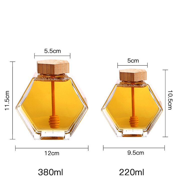 Hot Sales 220ml 380ml Hexagonal Honey Glass Jar with a Wooden Lid and Spoon