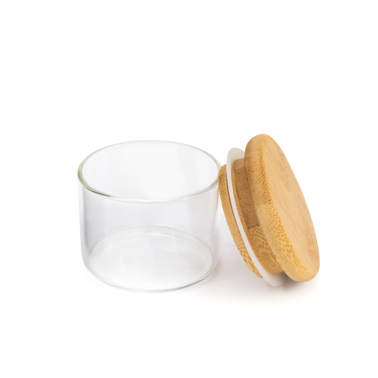 Hot Sales Borosilicate Airtight Glass Bottles Clear Round Storage Food Glass Container Jars with Wooden Lids