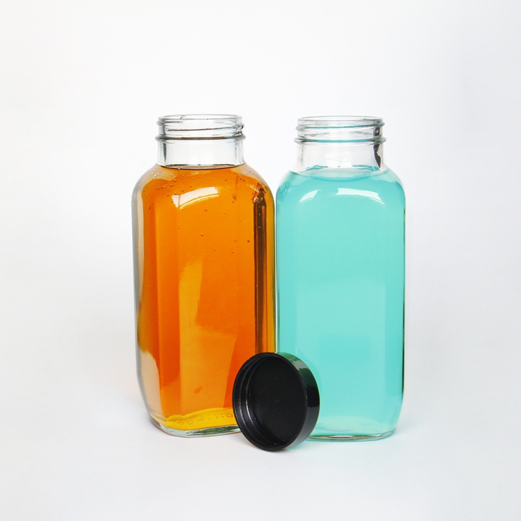 Hot Sales Recycled 500ml French Square Glass Cold Press Juice Beverage Packaging Bottle 8oz and 16oz With Plastic Or Metal Cap