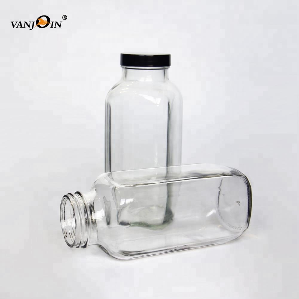 Hot Sales Recycled 500ml French Square Glass Cold Press Juice Beverage Packaging Bottle 8oz and 16oz With Plastic Or Metal Cap