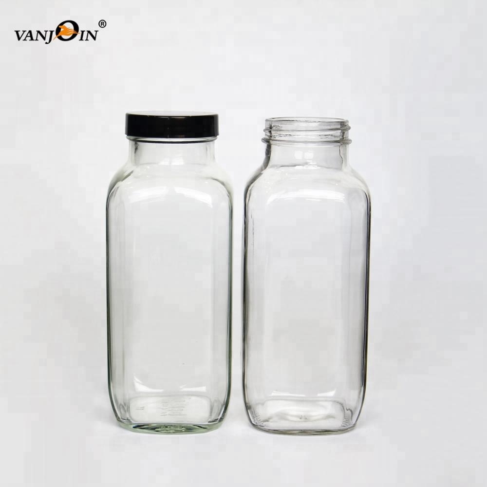Hot Sales Recycled 500ml French Square Glass Cold Press Juice Beverage Packaging Bottle 8oz and 16oz With Plastic Or Metal Cap