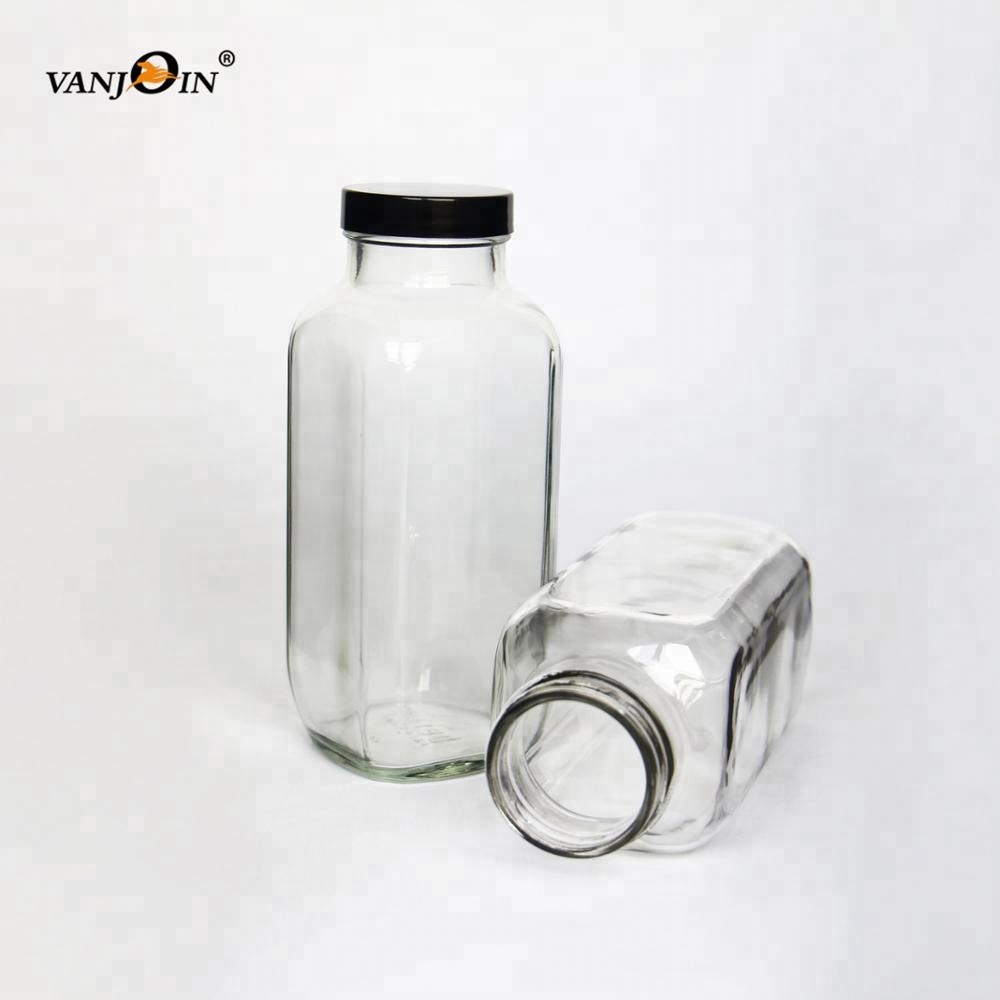 Hot Sales Recycled 500ml French Square Glass Cold Press Juice Beverage Packaging Bottle 8oz and 16oz With Plastic Or Metal Cap