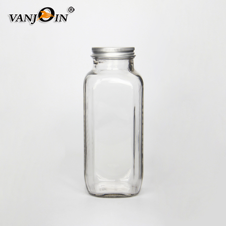 Hot Sales Recycled 500ml French Square Glass Cold Press Juice Beverage Packaging Bottle 8oz and 16oz With Plastic Or Metal Cap