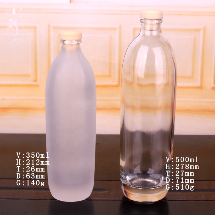 Hot Sell 350ml 500ml Empty Frost Glass wine water bottle for juice with Polymer Stopper