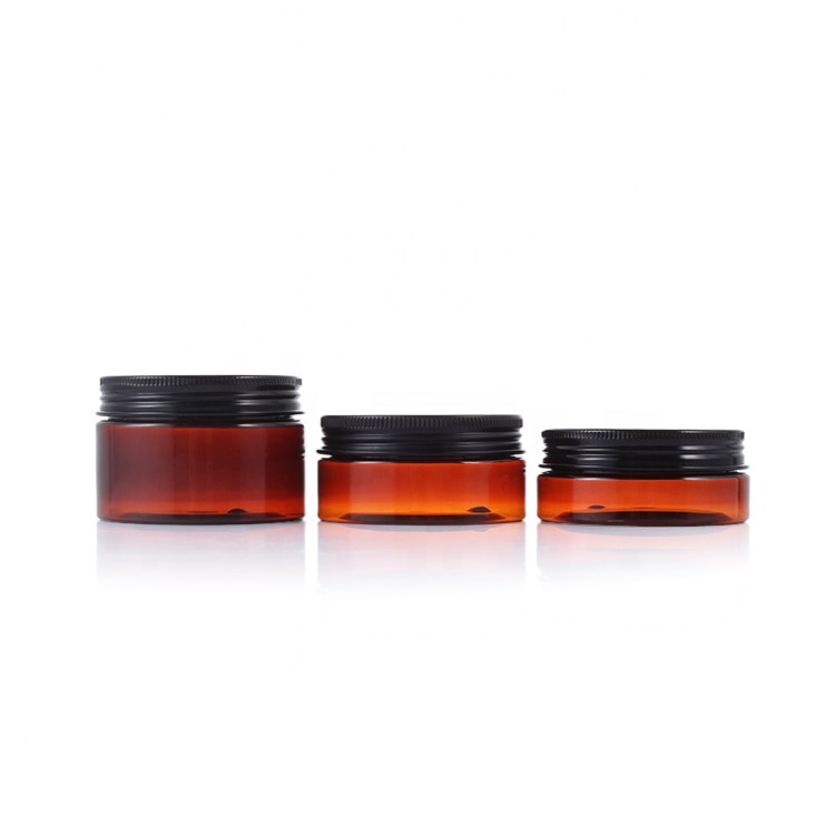 Hot Sell Amber PET Plastic Cosmetic Cream Jar with Black alimiunium screw Lid