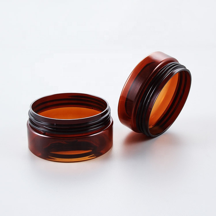 Hot Sell Amber PET Plastic Cosmetic Cream Jar with Black alimiunium screw Lid