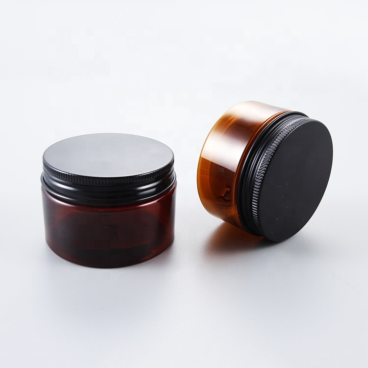Hot Sell Amber PET Plastic Cosmetic Cream Jar with Black alimiunium screw Lid
