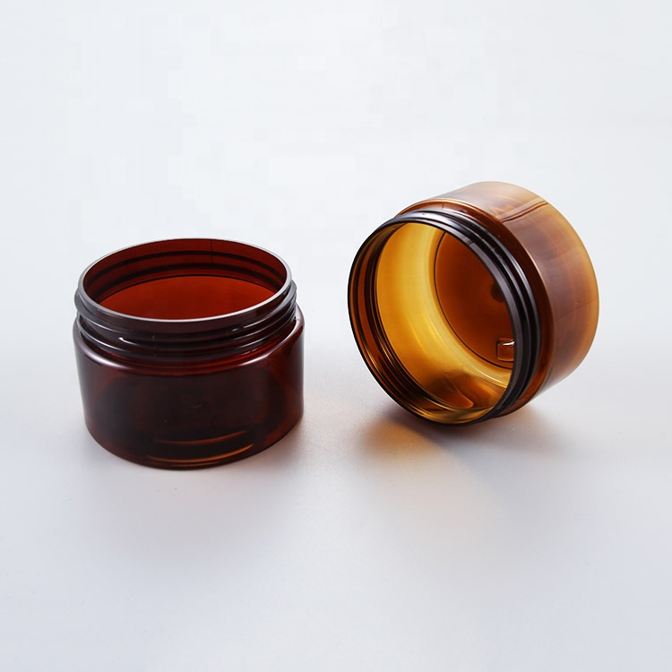 Hot Sell Amber PET Plastic Cosmetic Cream Jar with Black alimiunium screw Lid