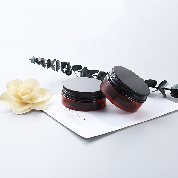 Hot Sell Amber PET Plastic Cosmetic Cream Jar with Black alimiunium screw Lid